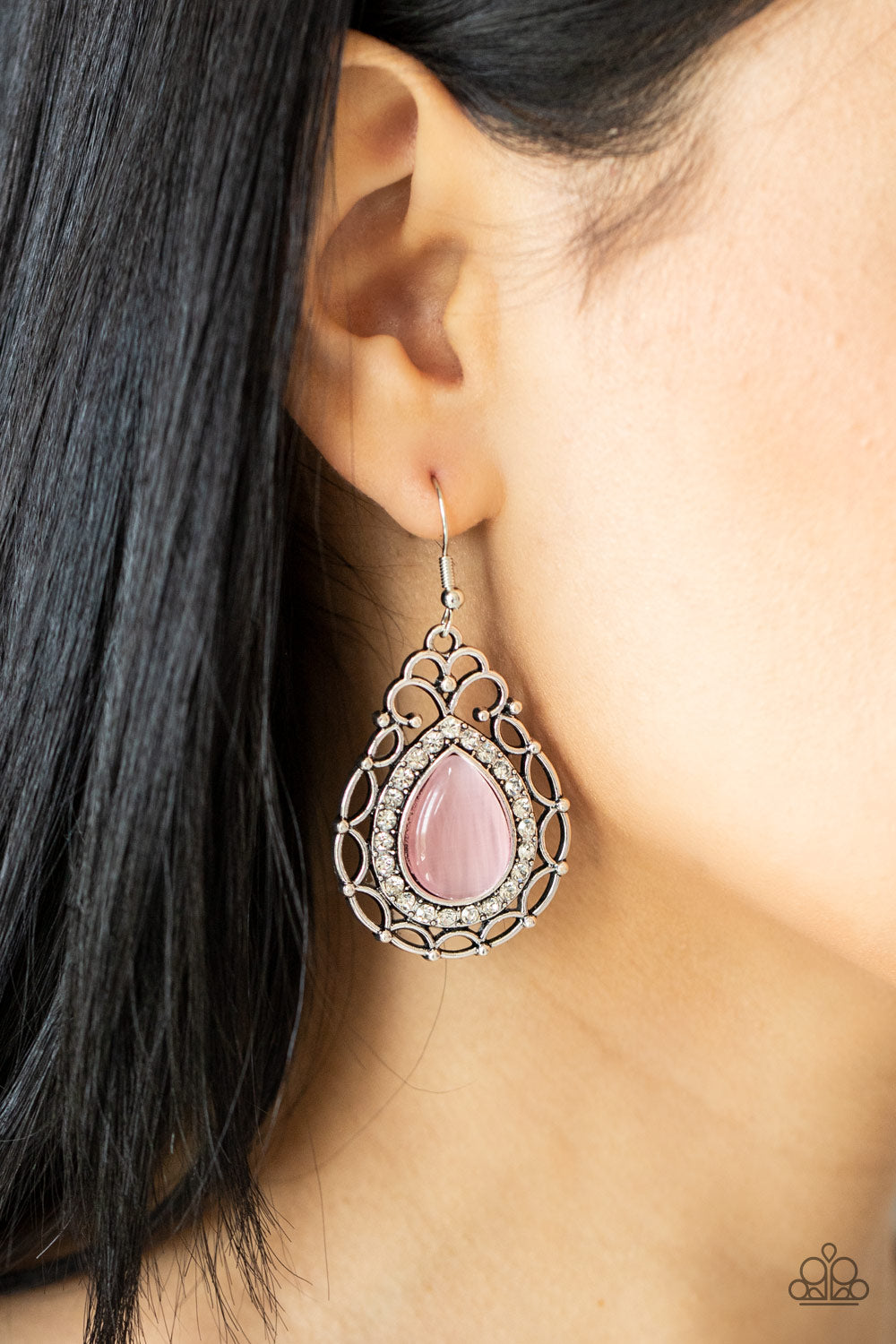 Endlessly Enchanting - Pink Cat's Eye Silver Teardrop Fishhook Earrings