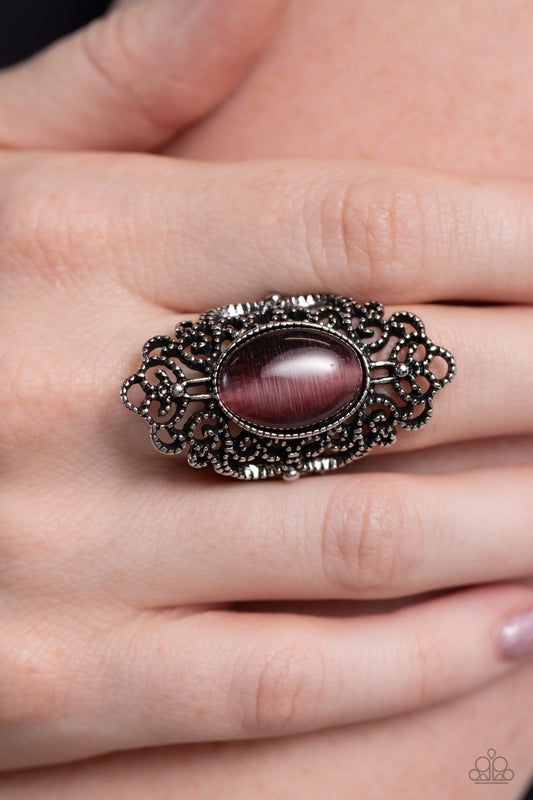 Once Upon a Meadow - Purple Cat's Eye Stone with Gun Metal VINE-Like Filigree Silver Ring