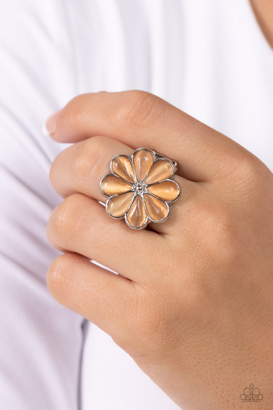 Gemstone Garden - Orange Cat's Eye Flower Silver Ring
