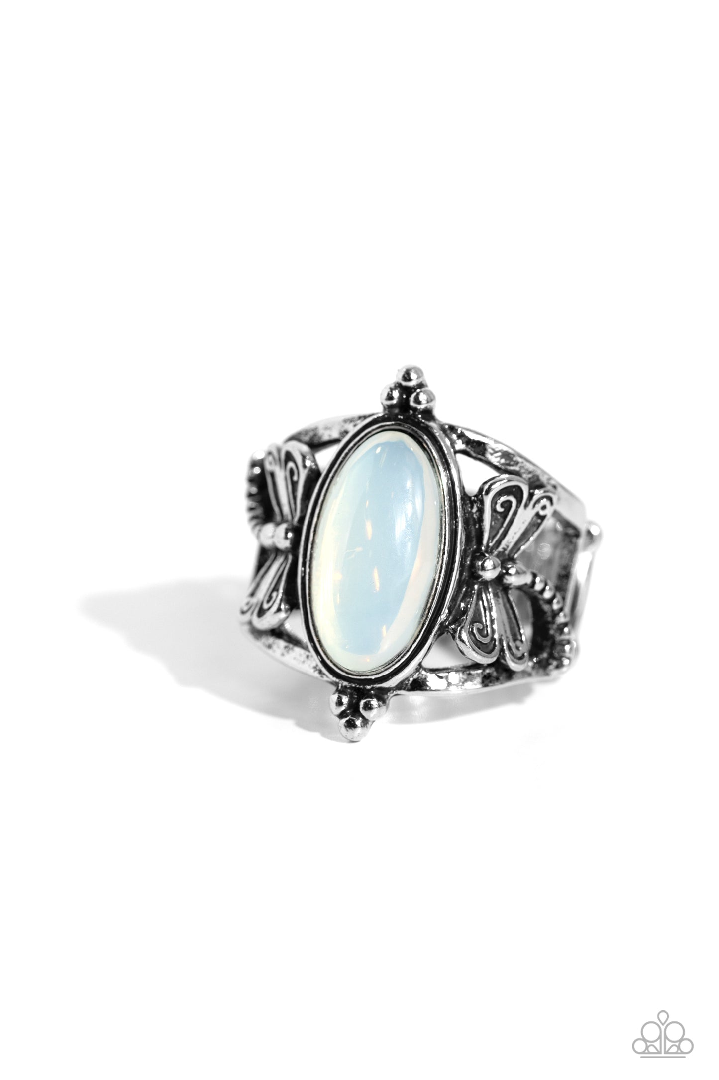 Dance of the Dragonflies - White Opal Stone Silver Dragonfly Ring