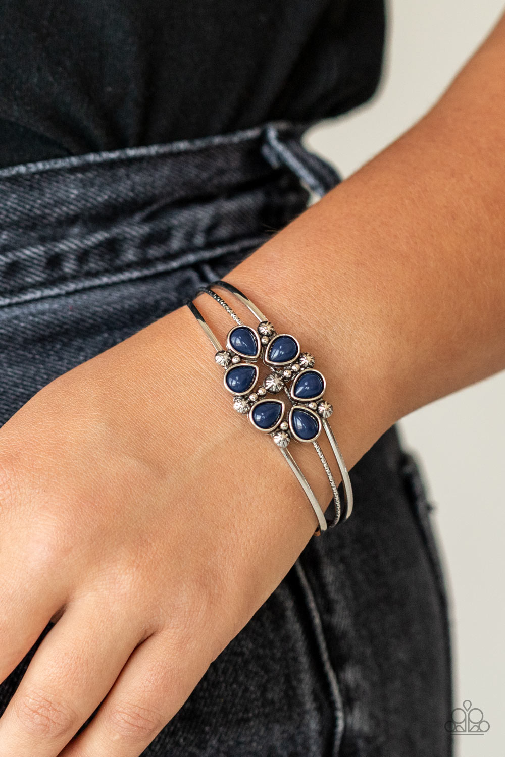 Taj Mahal Meadow - Blue Bead Silver Floral Cuff Bracelet