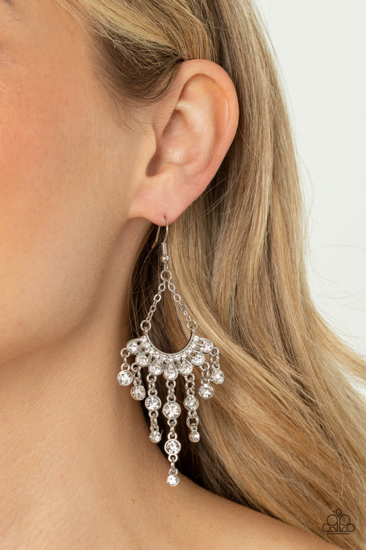 Commanding Candescence - White Rhinestone Silver Fishhook Earring