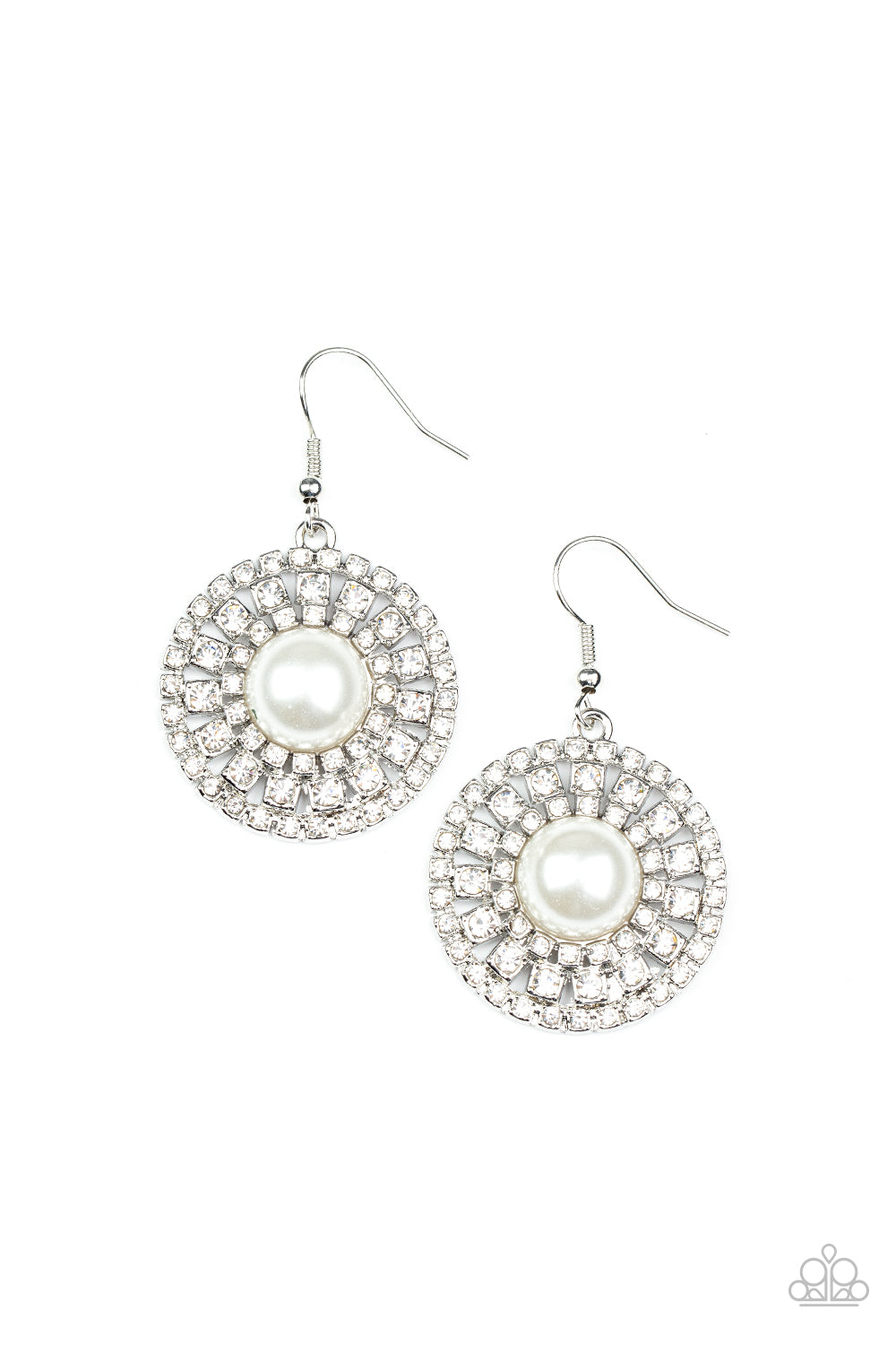 Century Classic - White Pearl Rhinestone Silver Fishhook Earrings