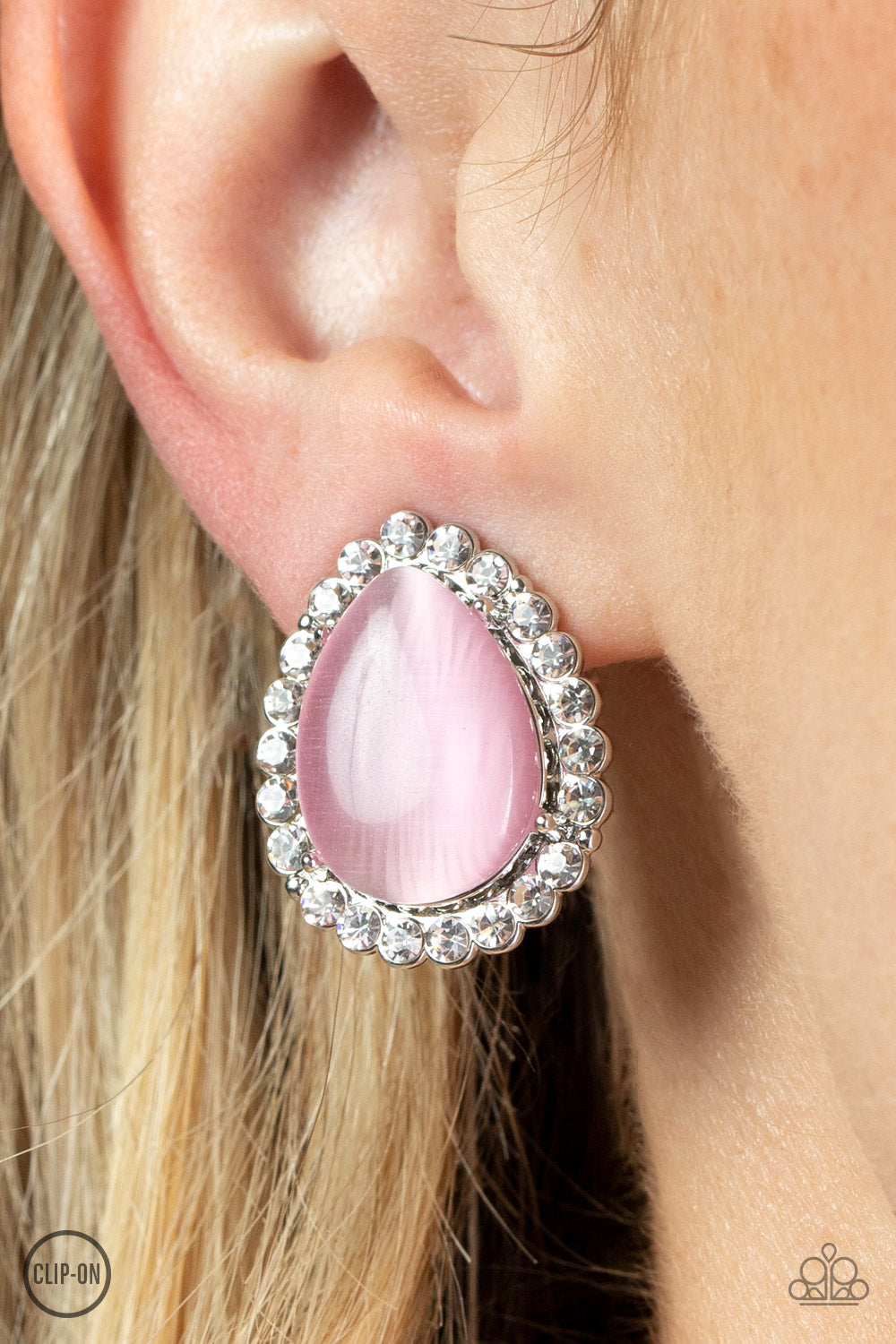 Downright Demure - Pink Cat's Eye Silver Clip-On Earring