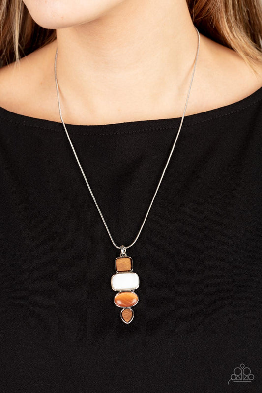 Elemental Energy - Orange Cat's Eye Stone Wooden Accent Silver Medium-Length Necklace