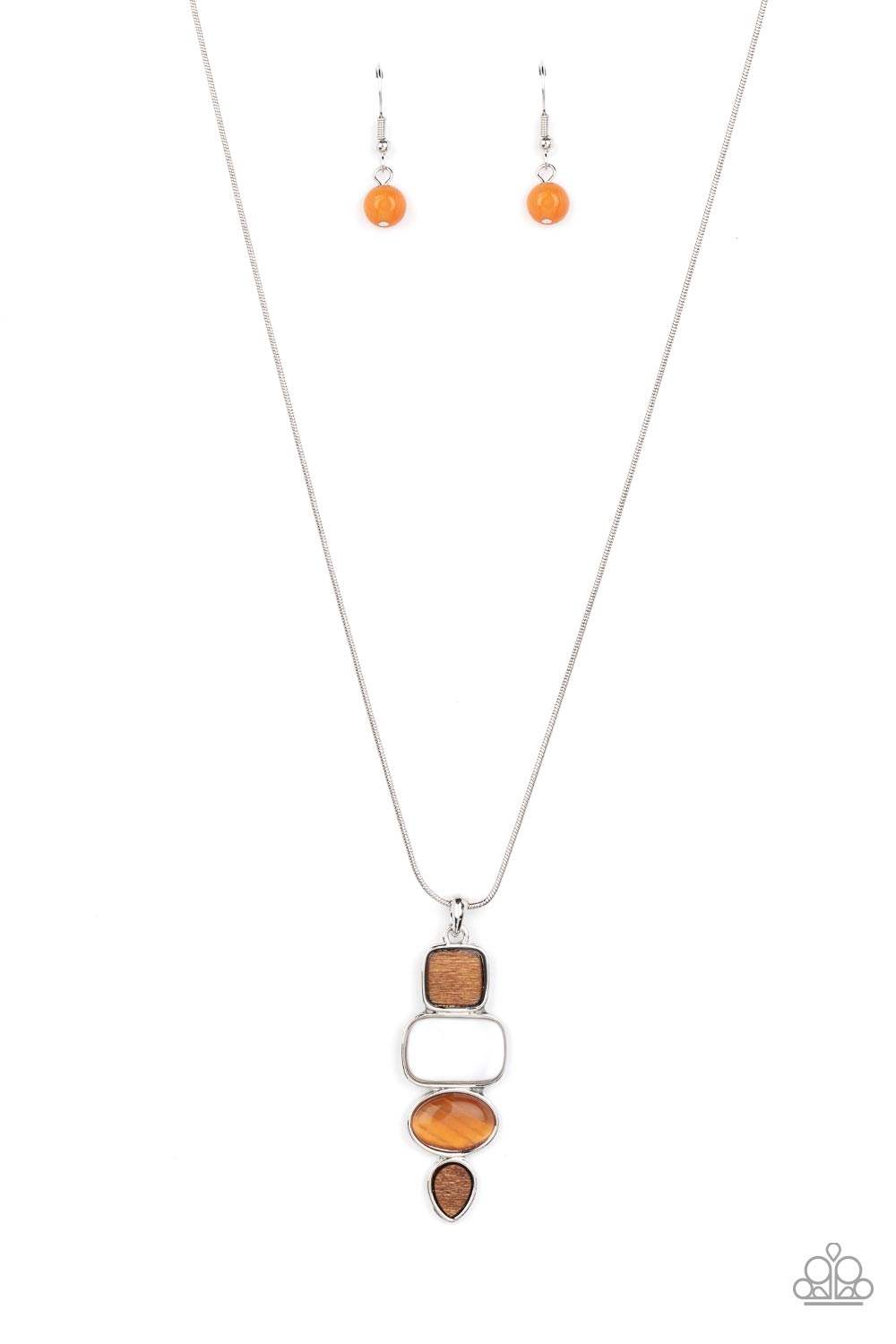 Elemental Energy - Orange Cat's Eye Stone Wooden Accent Silver Medium-Length Necklace