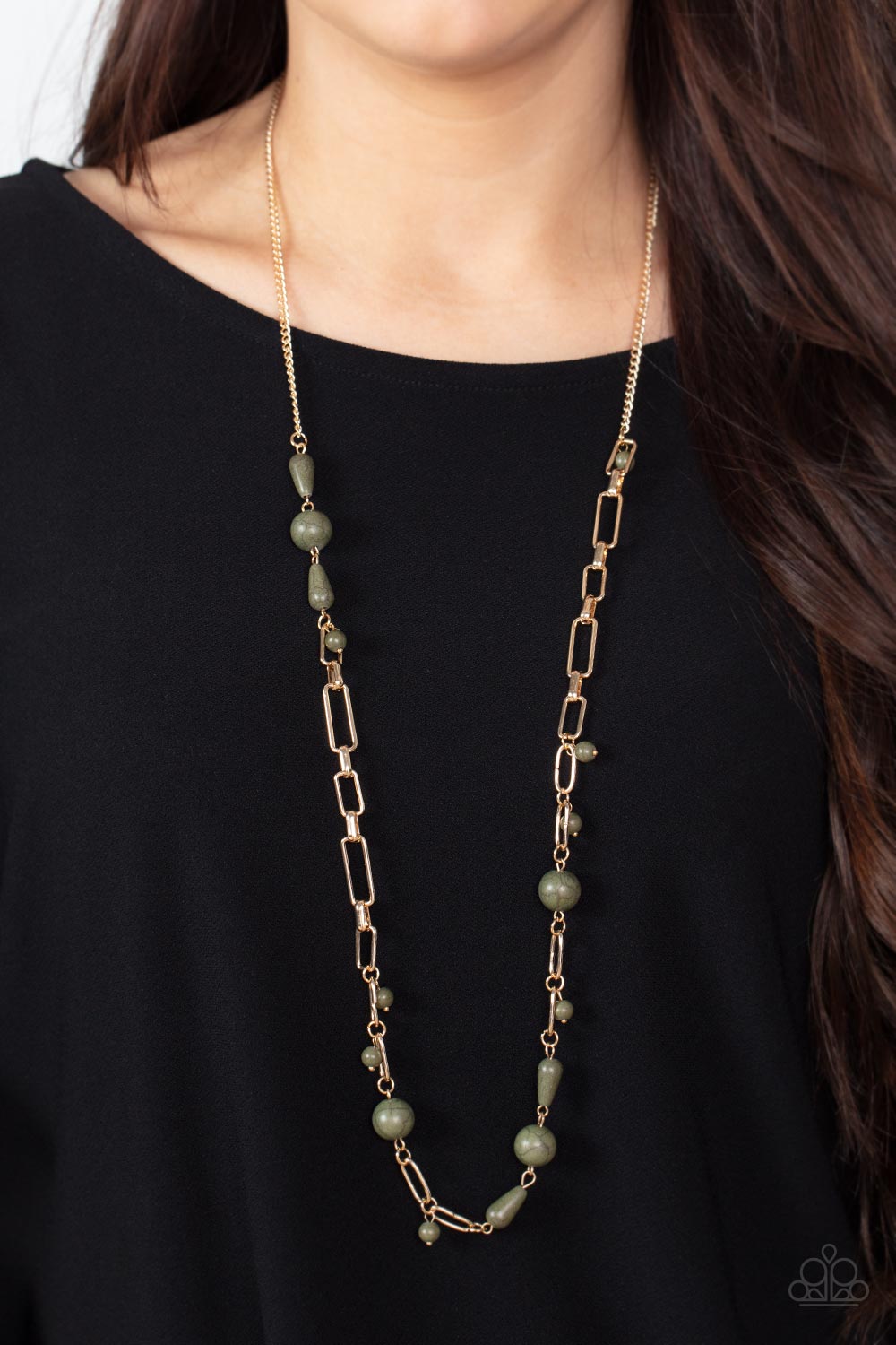 Desert Journey - Green Stone Long Gold Necklace