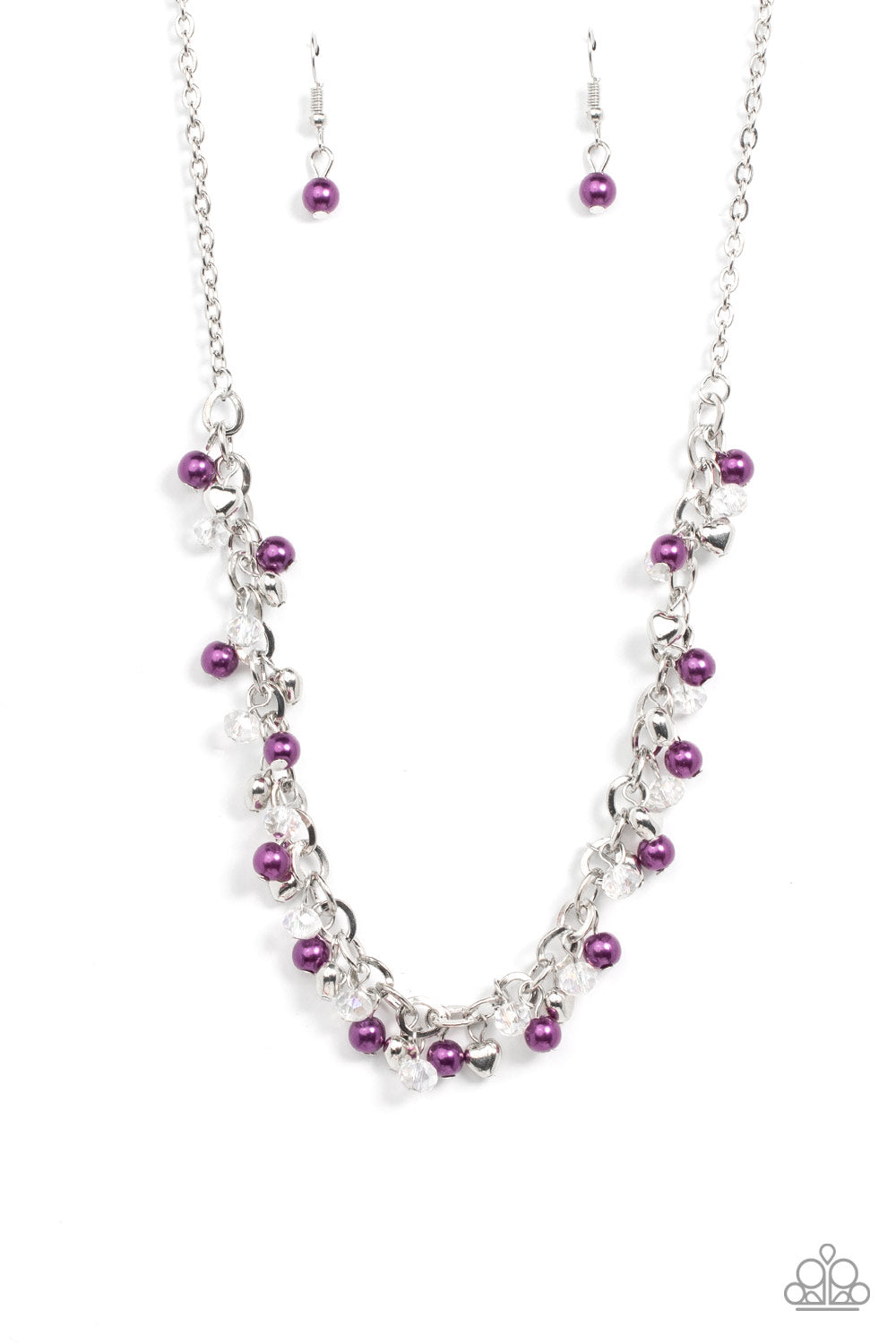 Soft-Hearted Shimmer - Purple Pearl White Crystal Silver Short Necklace