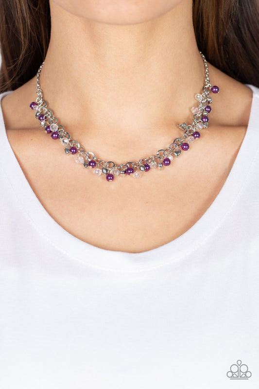 Soft-Hearted Shimmer - Purple Pearl White Crystal Silver Short Necklace