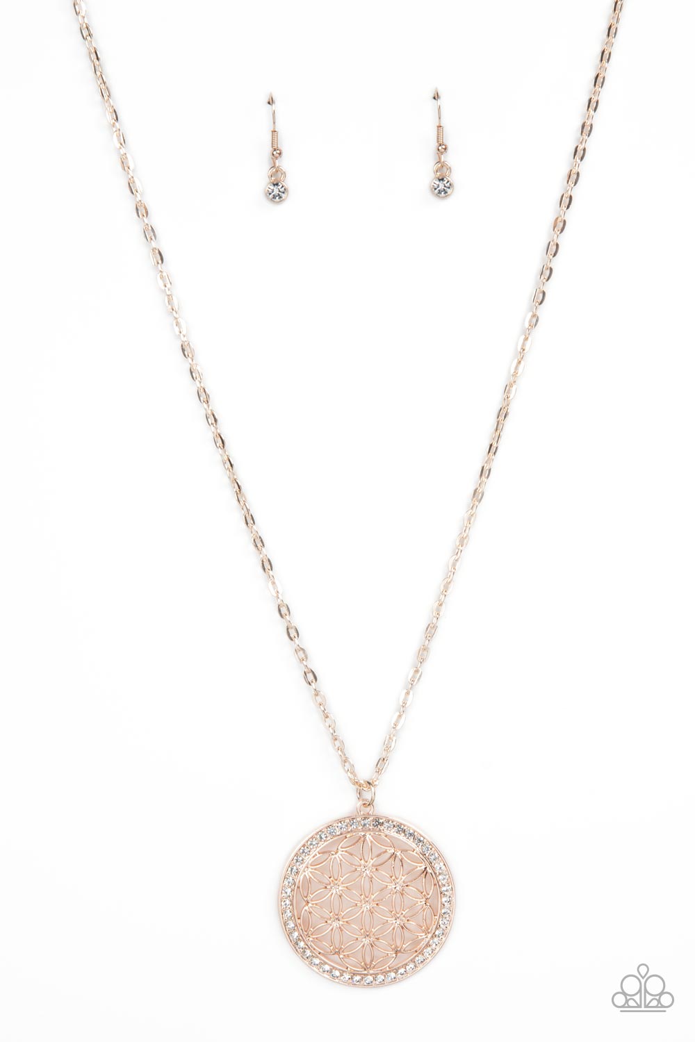 Tearoom Twinkle - Rose Gold Filigree Rhinestone Circle Pendant Medium Length Necklace