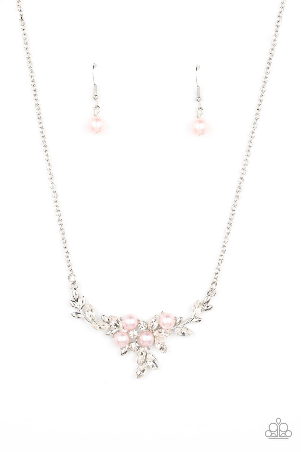 Because Im The Bride - Pink Pearl White Rhinestone Short Silver Necklace