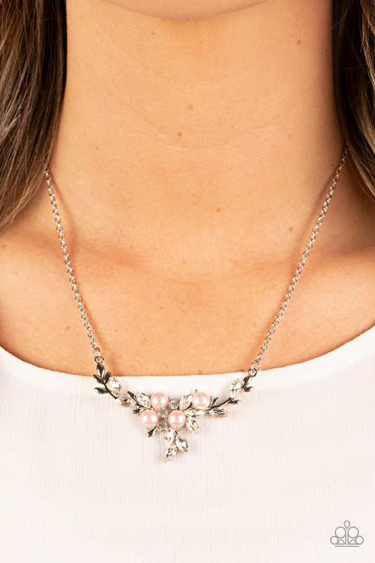 Because Im The Bride - Pink Pearl White Rhinestone Short Silver Necklace