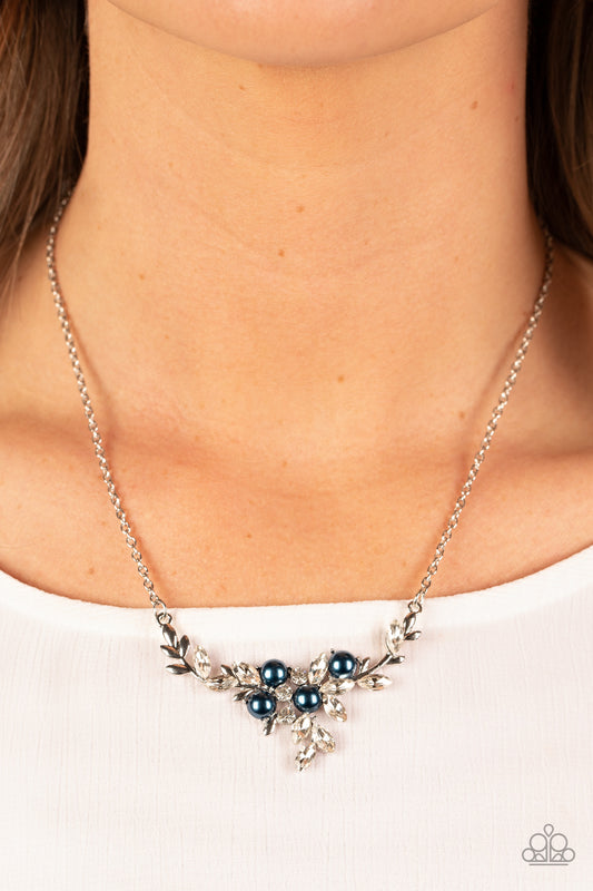 Because Im The Bride - Blue Pearl White Rhinestone Short Silver Necklace