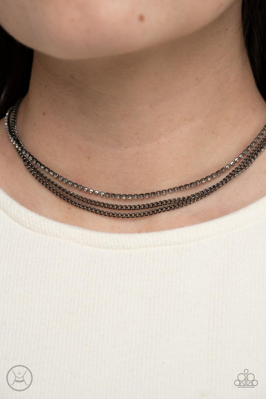 Glitzy Gusto - Black Rhinestone Silver Chain Layered Choker Necklace