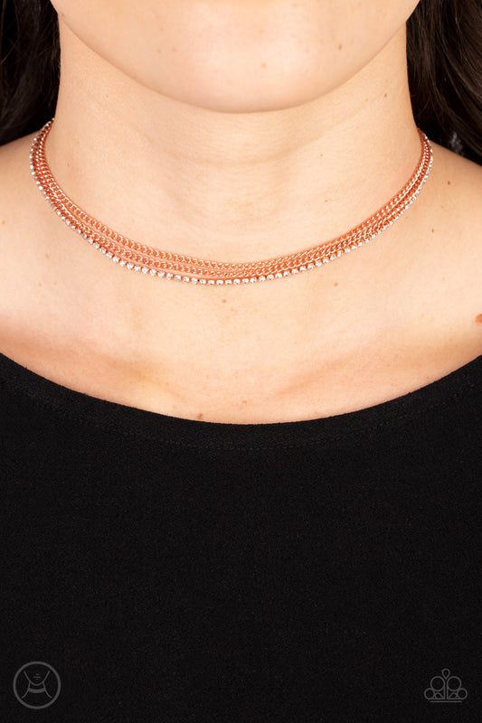 Glitzy Gusto - Copper Shiny Chain Rhinestone Layered Choker Necklace