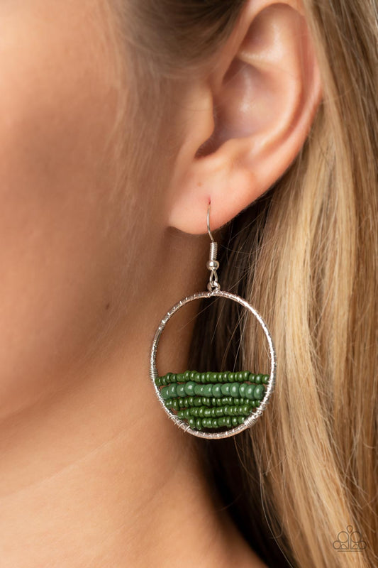 Head-Over-Horizons - Green Seed Bead Silver Fishhook Earrings