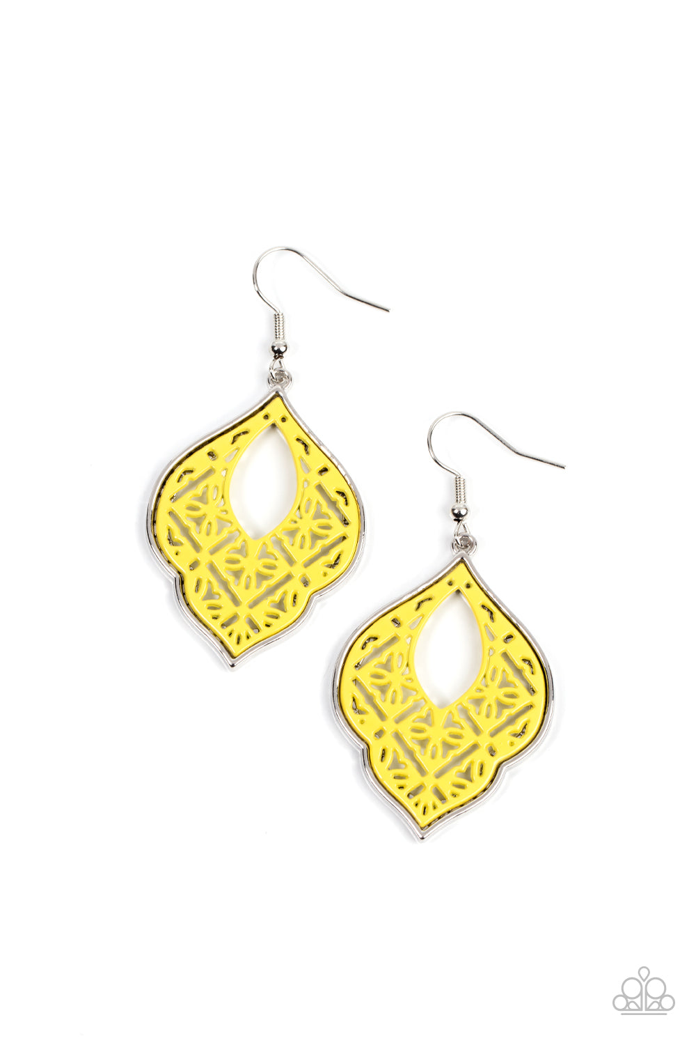 Thessaly Terrace - Yellow Painted Silver Filigree Fishhook Earrings