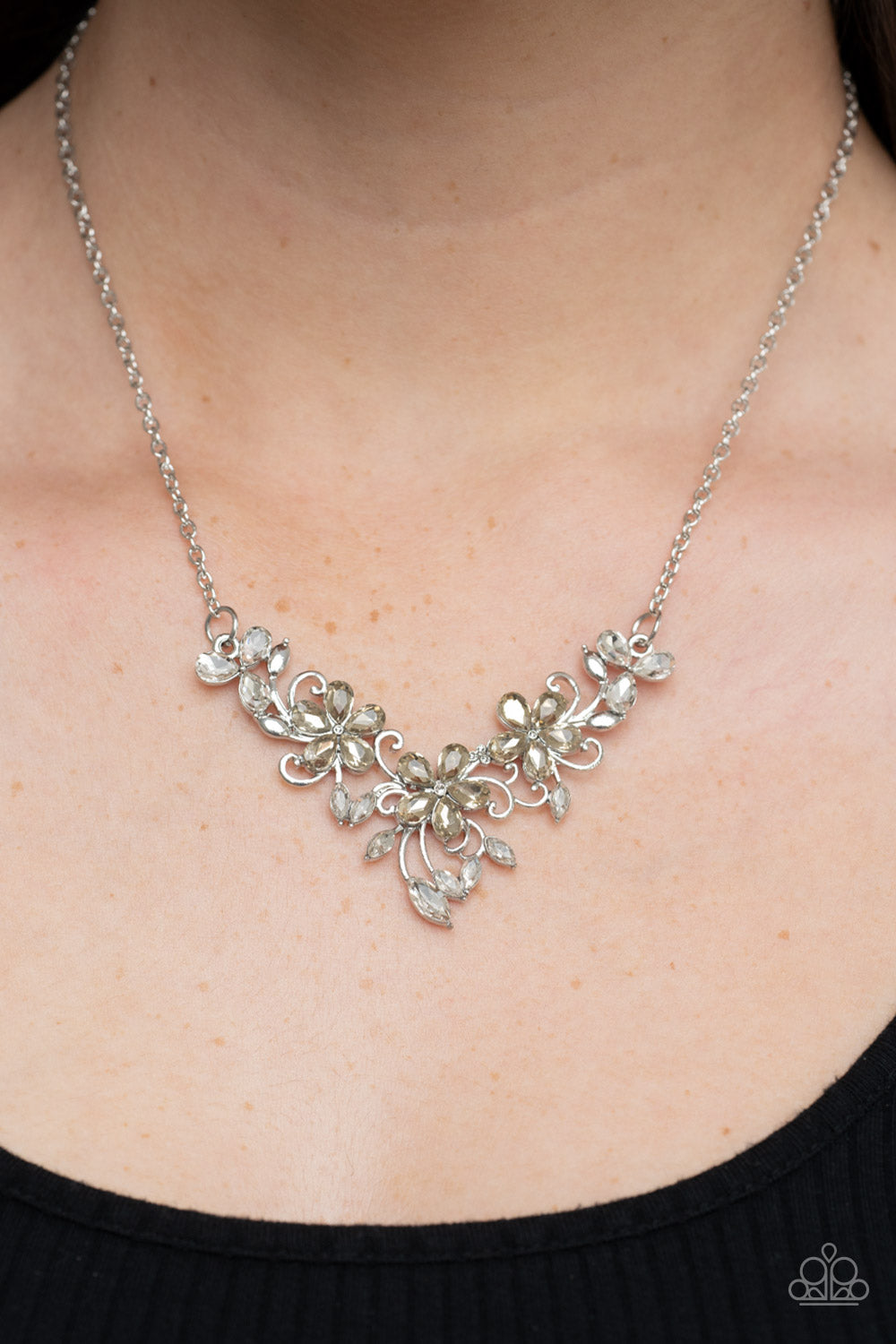 Floral Fashion Show - Brown Topaz Rhinestone Silver Leaf Short Necklace