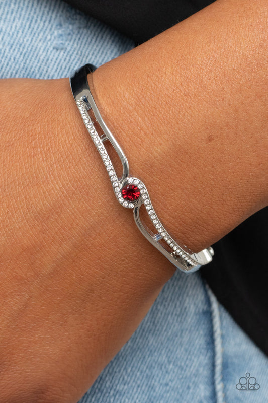 Top-Shelf Shimmer - Red Rhinestone Silver Hinged Bracelet