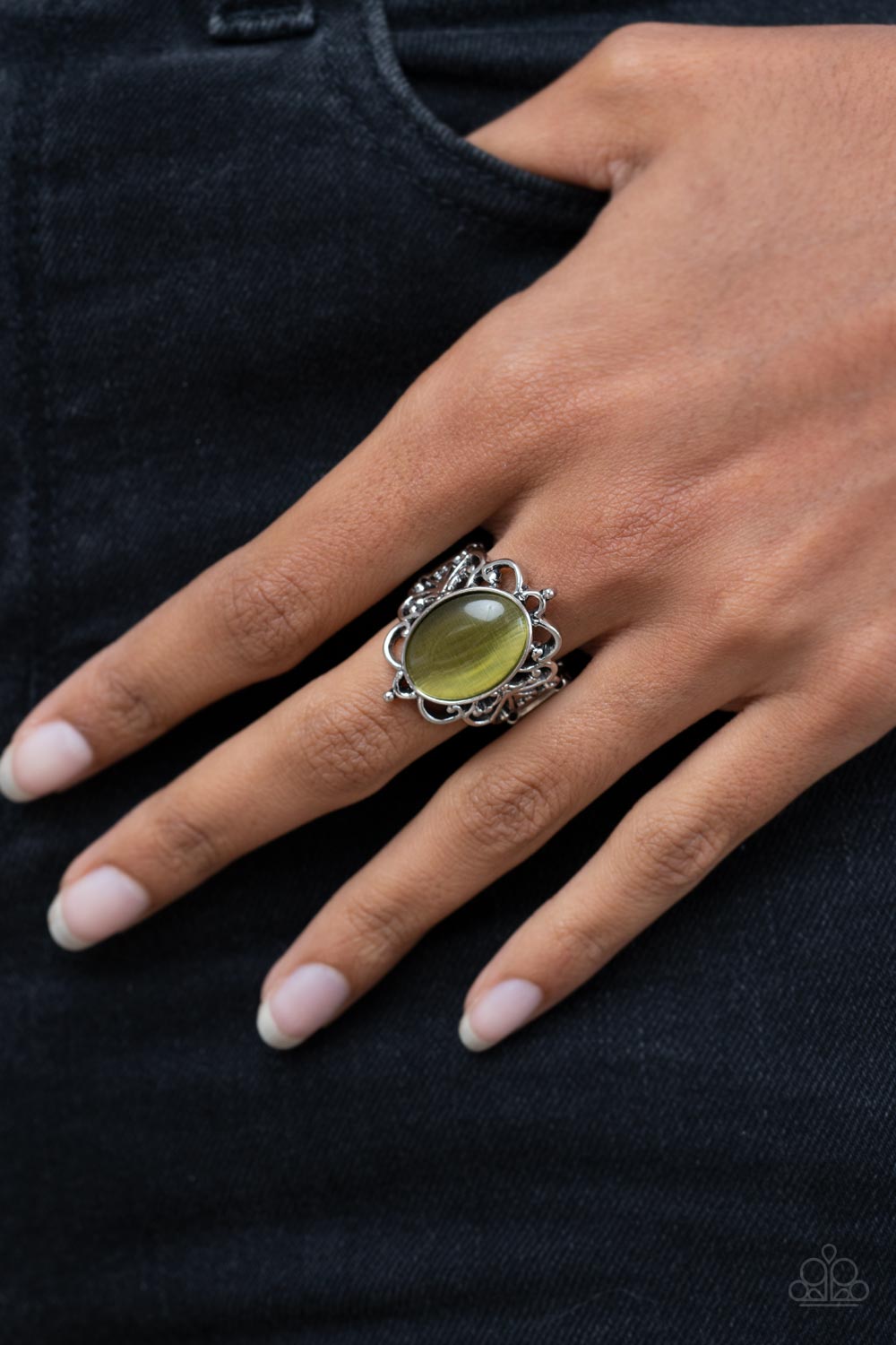 Radiantly Reminiscent - Green Cat's Eye Silver Ring