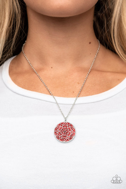 Colorfully Cottagecore - Red Painted Silver Floral Pendant Medium-Length Necklace