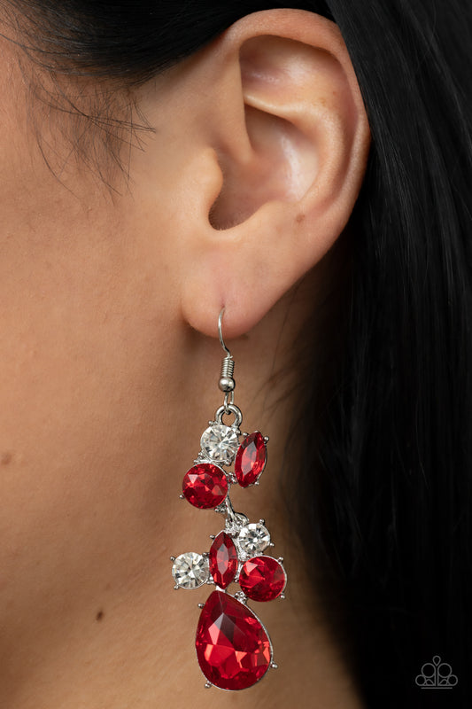 Rhinestone Reveler - Red Gem Silver Fishhook Earrings