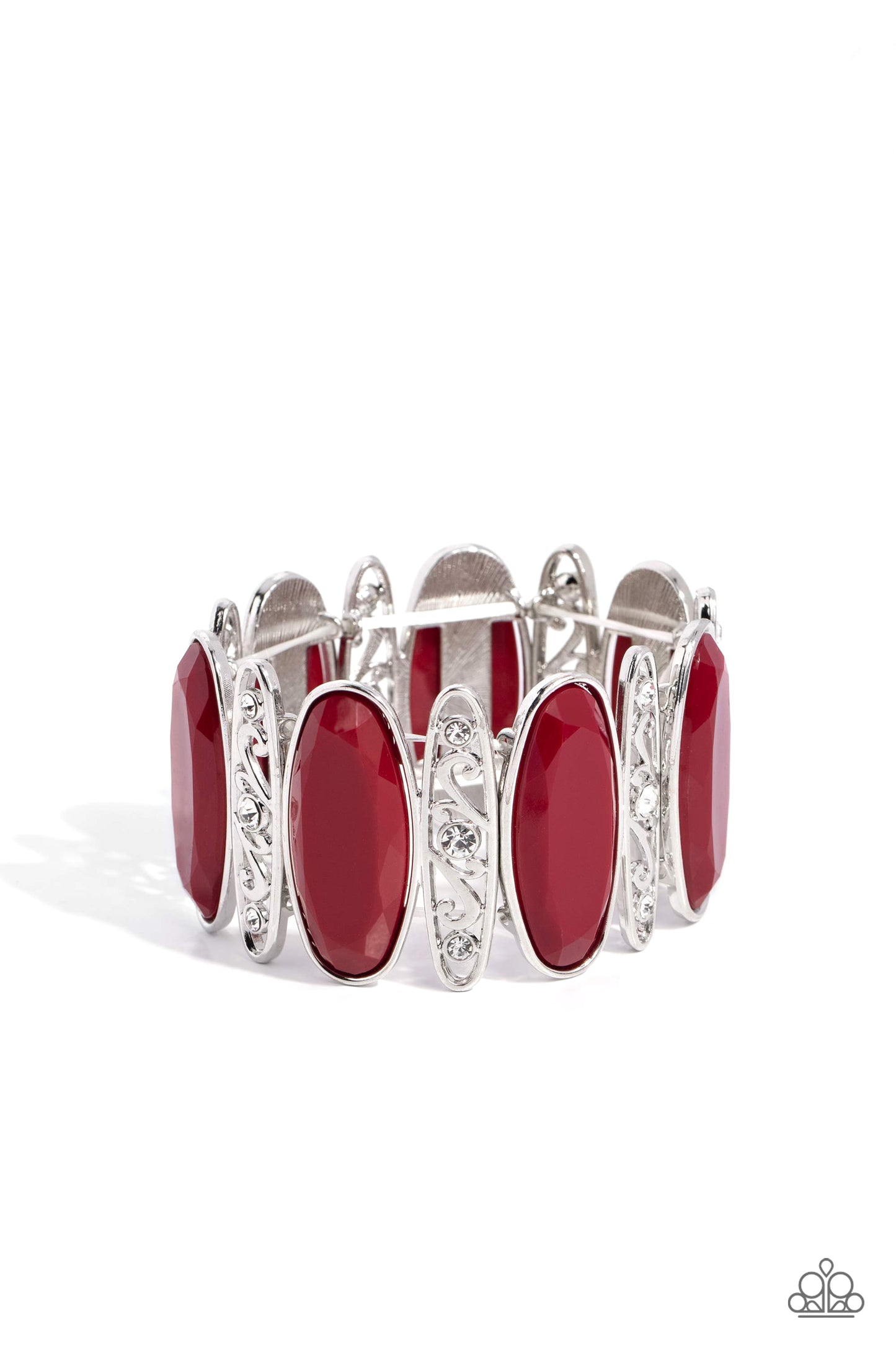 Saturated Sparkle - Red Bead Filigree White Rhinestone Silver Stretchy Bracelet