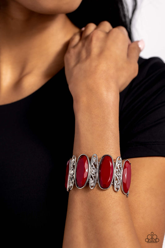 Saturated Sparkle - Red Bead Filigree White Rhinestone Silver Stretchy Bracelet