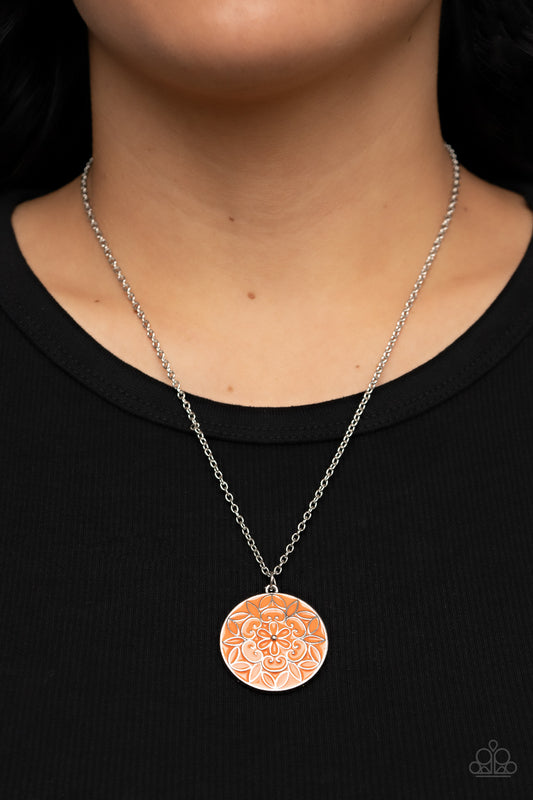 Colorfully Cottagecore - Orange Painted Silver Floral Pendant Medium-Length Necklace