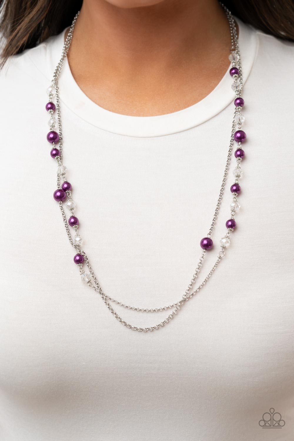 Venice Vanity - Purple Pearl Silver Chain Layered Medium Necklace