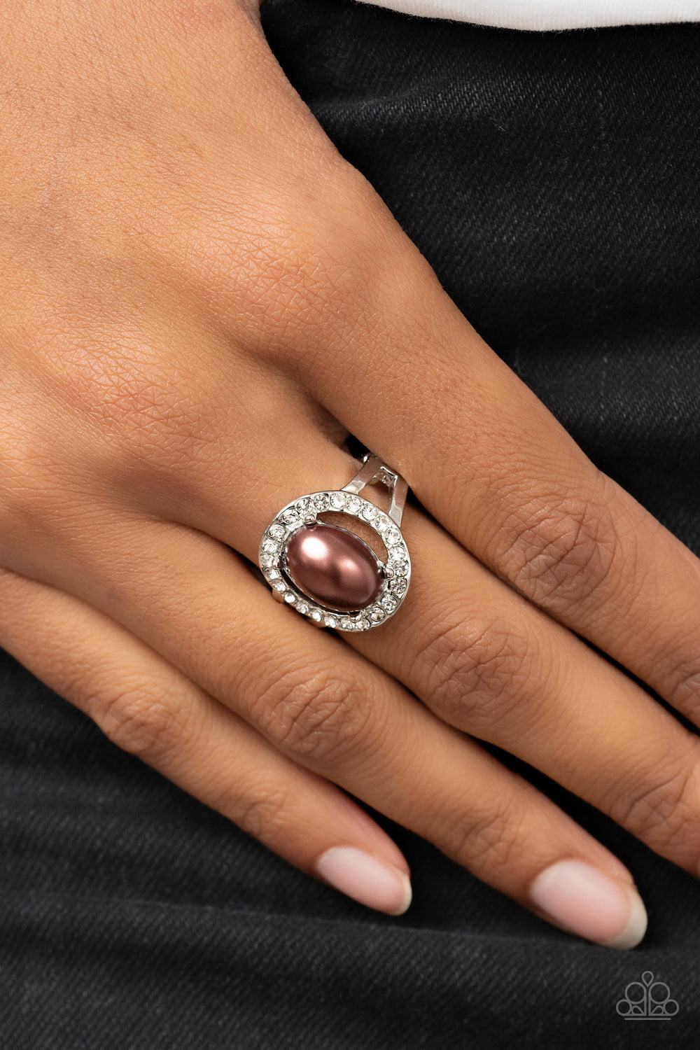 Seize the Shimmer - Brown Pearl White Rhinestones Silver Ring