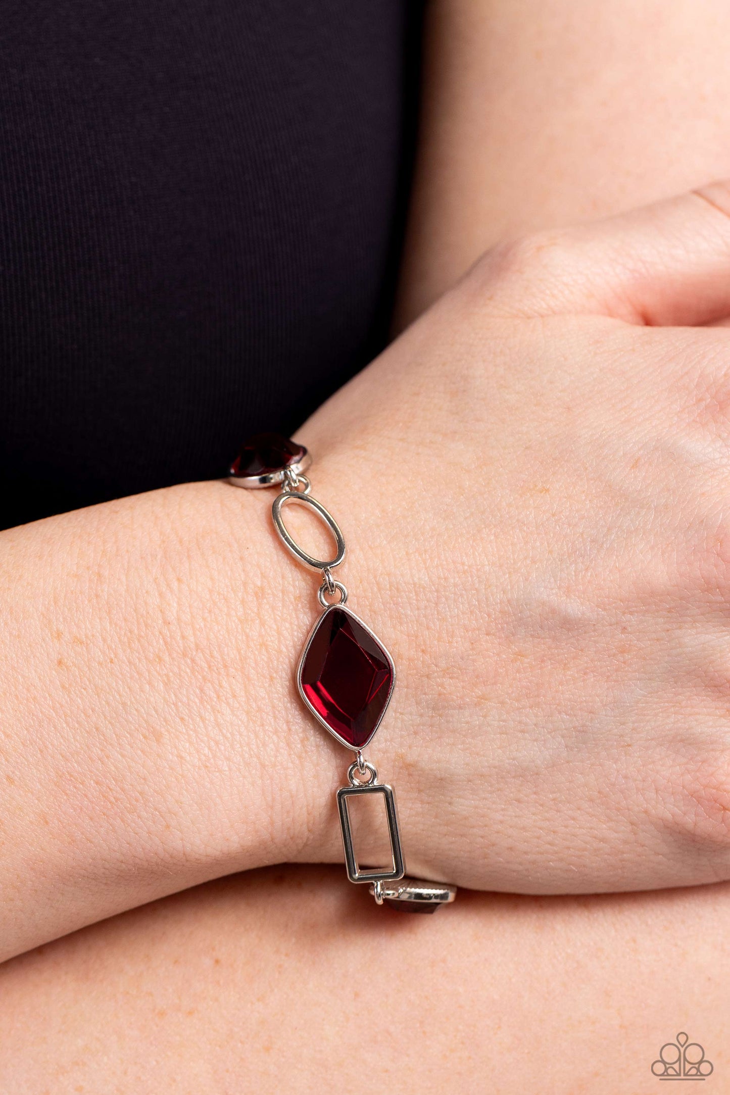 Dazzle for Days - Red Glassy Gem Silver Clasp Bracelet