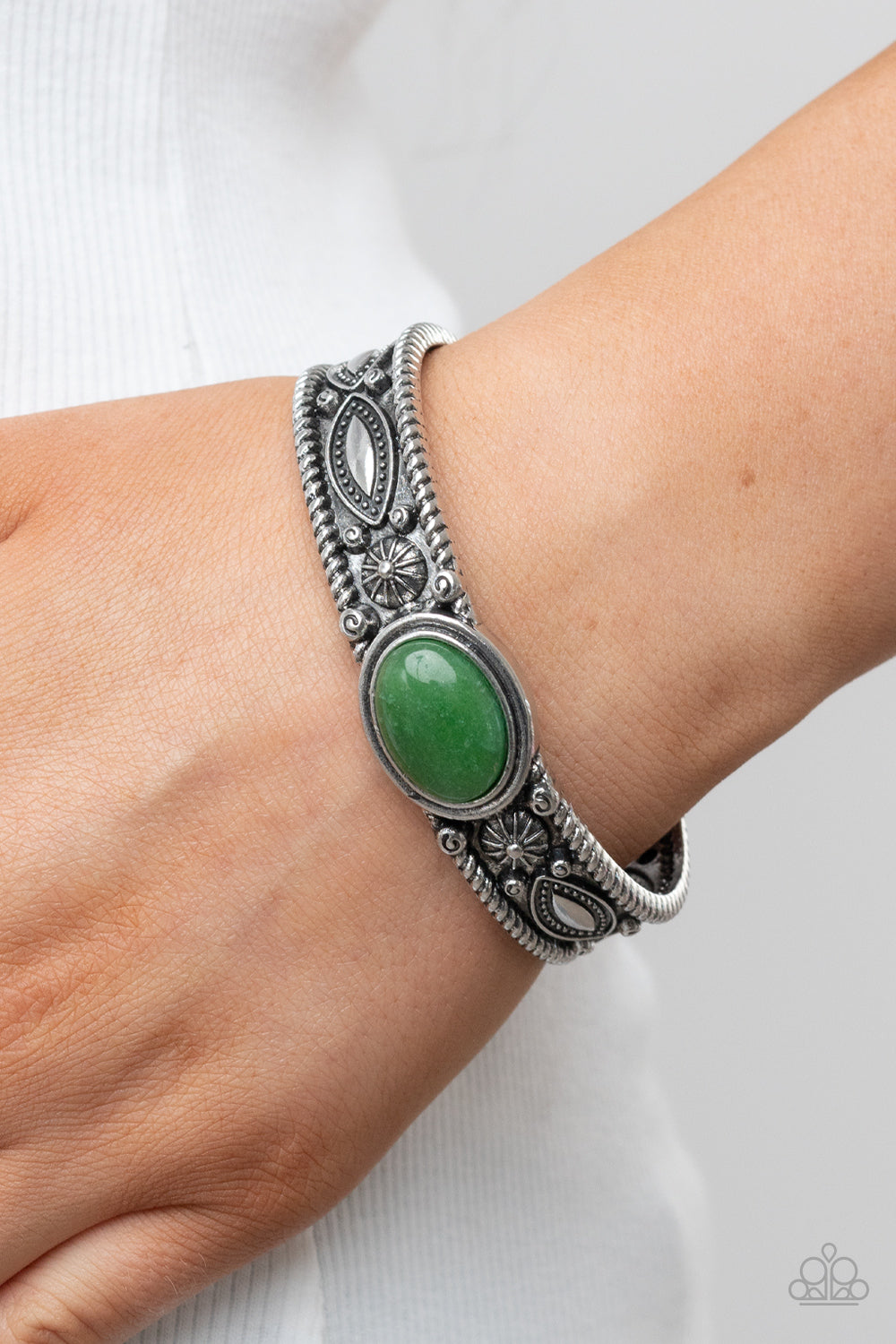 Rural Repose - Green Jade Silver Cuff Bracelet