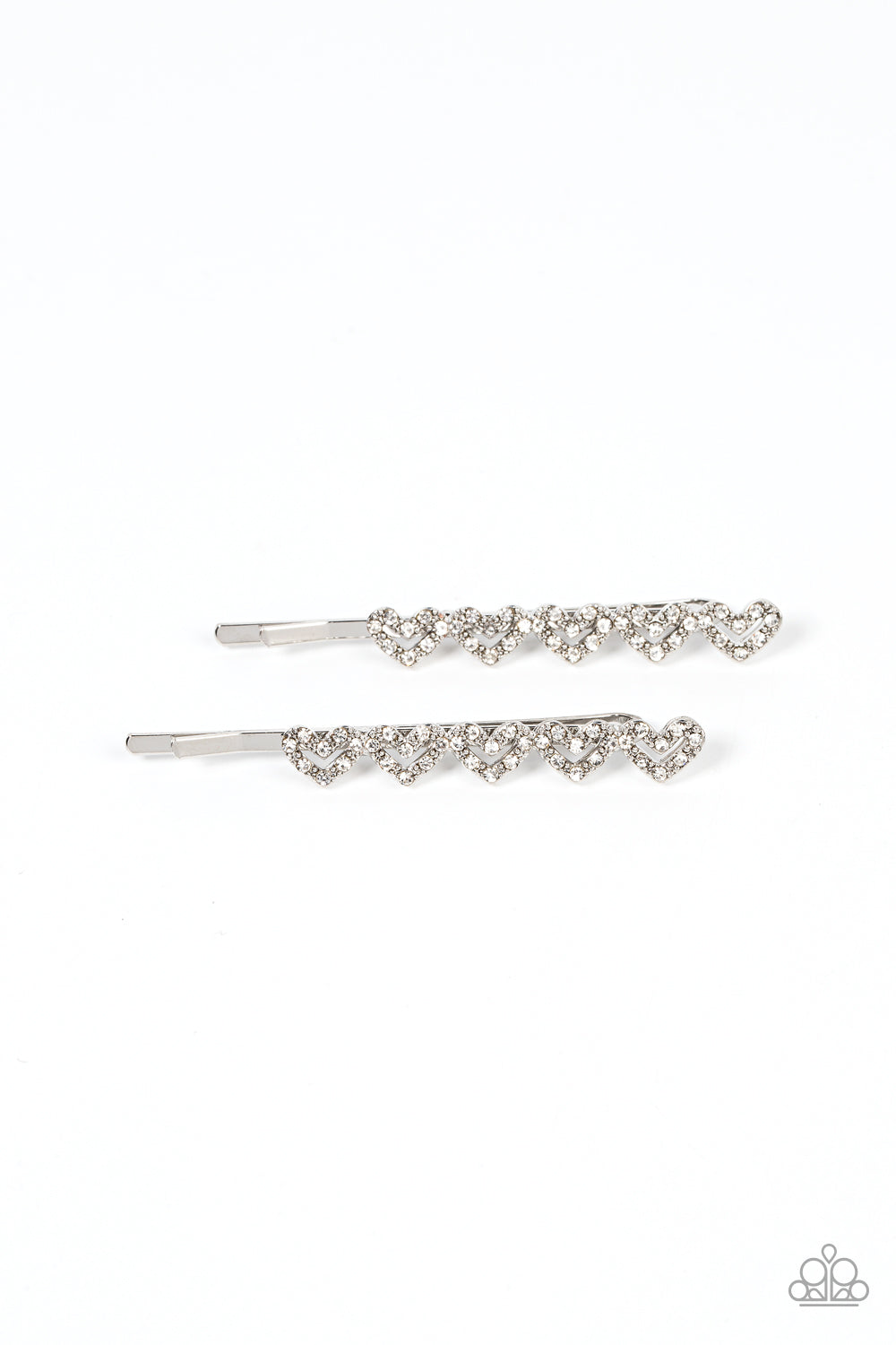 Thinking of You - White Rhinestone Heart Silver Hair Clips