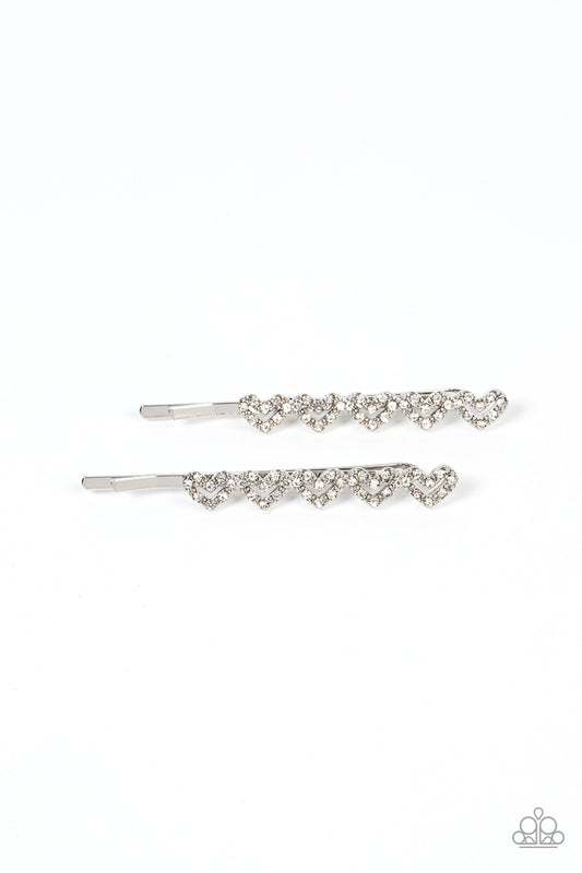 Thinking of You - White Rhinestone Heart Silver Hair Clips