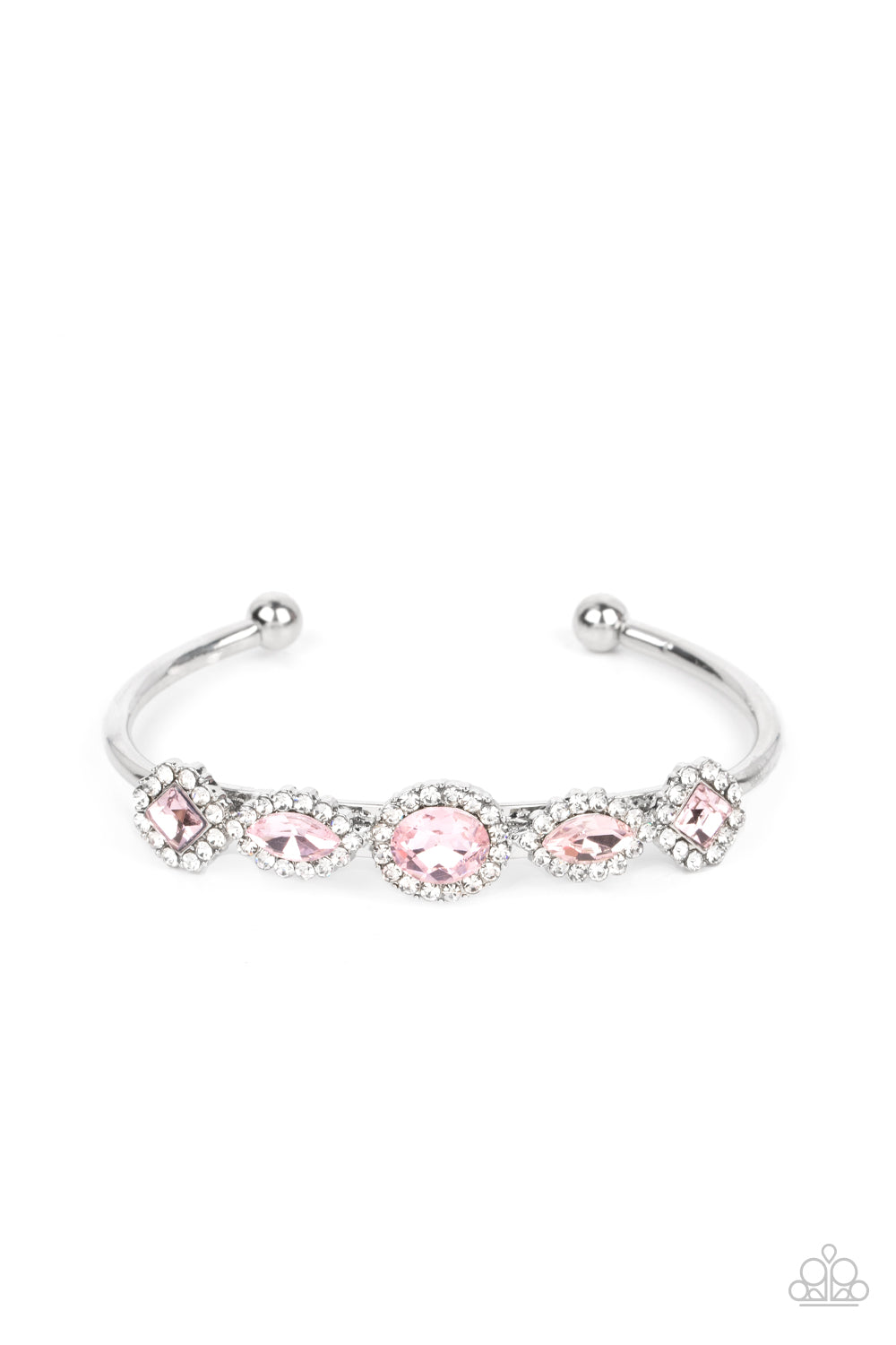 Simmer on GLOW - Pink Gems White Rhinestones Silver Cuff Bracelet