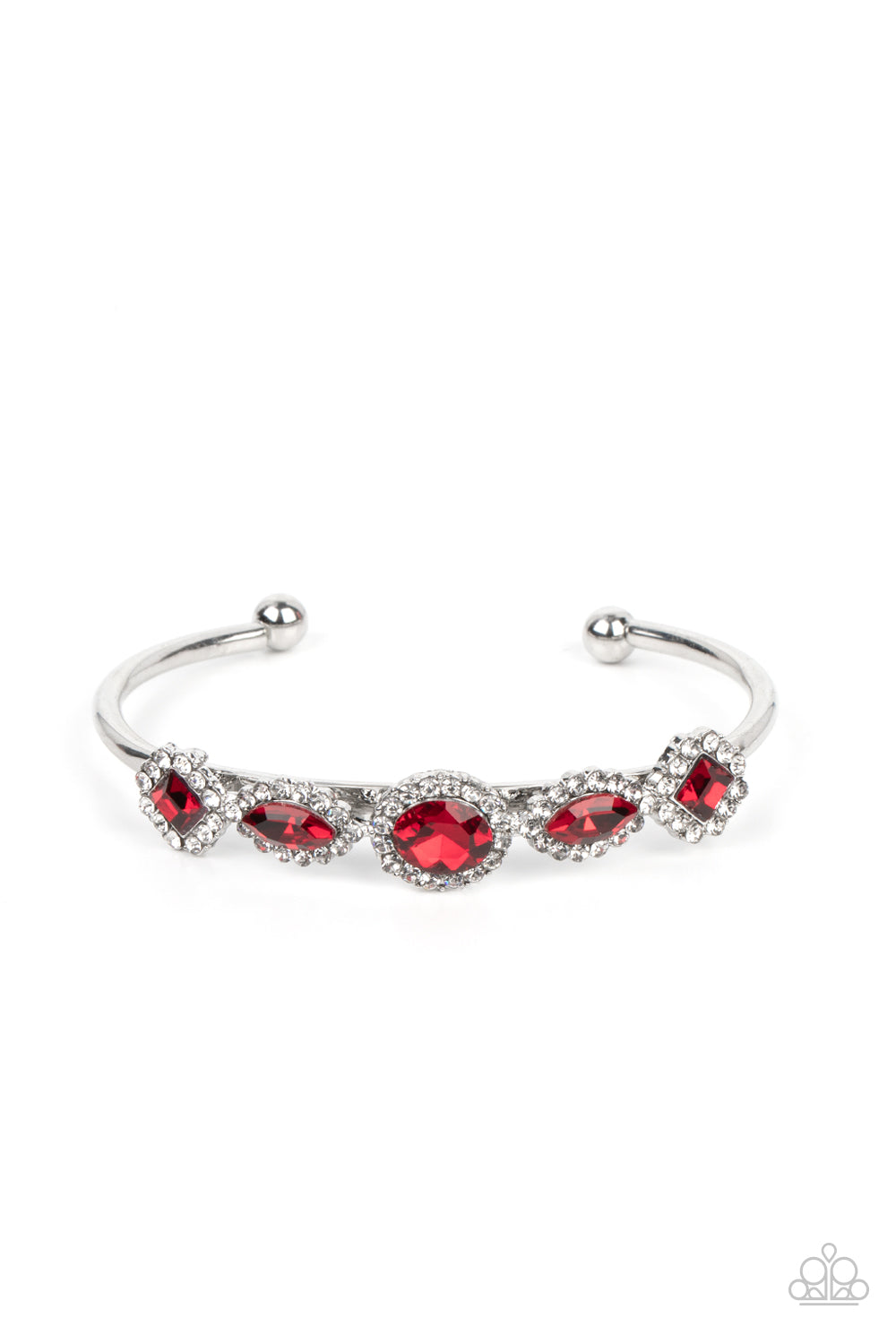 Simmer on GLOW - Red Gems White Rhinestones Silver Cuff Bracelet