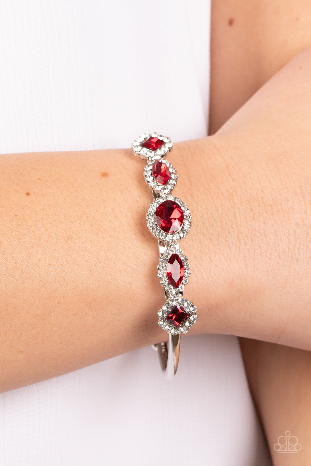 Simmer on GLOW - Red Gems White Rhinestones Silver Cuff Bracelet