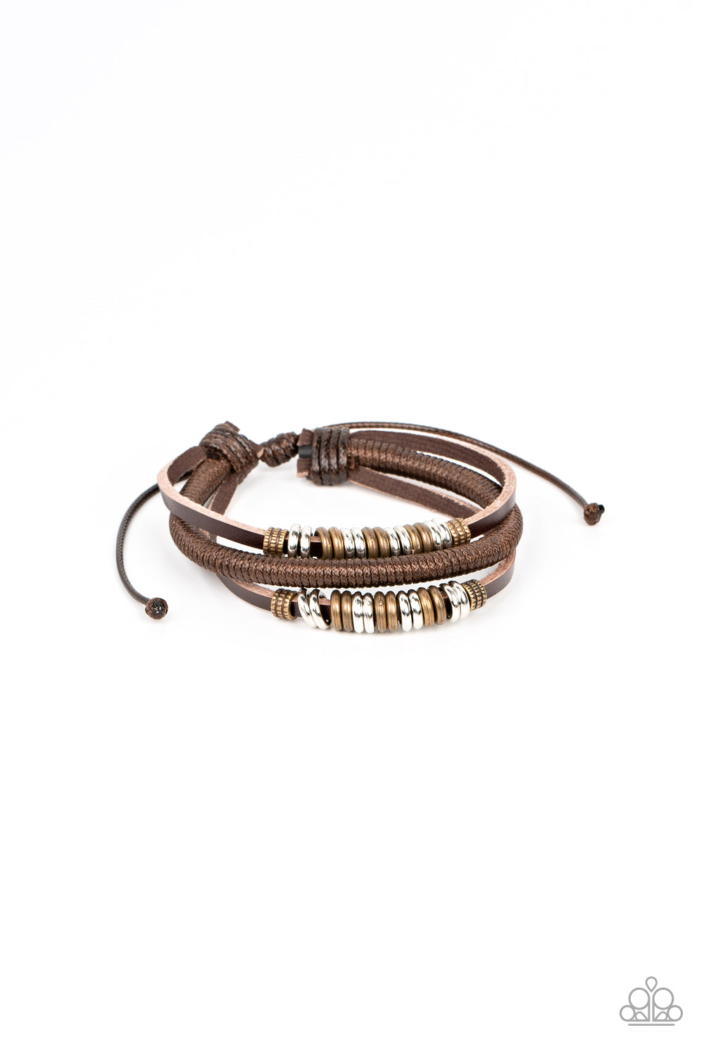 Treasure Tracker - Brown Cord Silver Brass Disc Urban Slide Bracelet