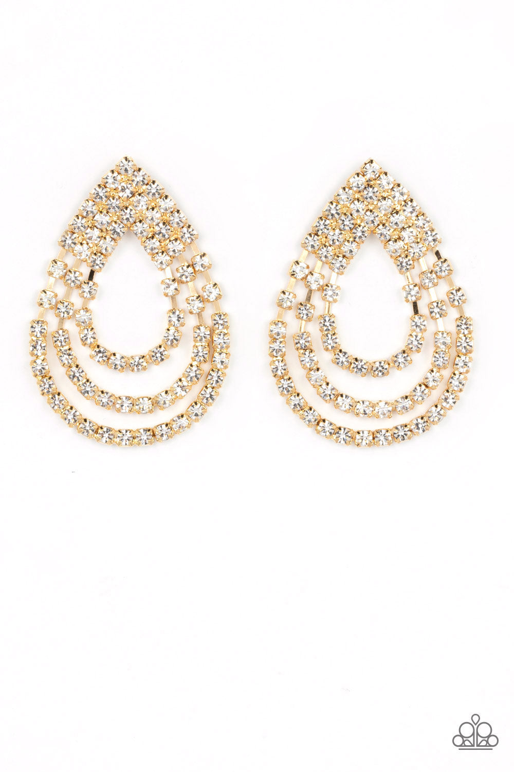 Take a POWER Stance - Gold Teardrop White Rhinestone Post Earrings