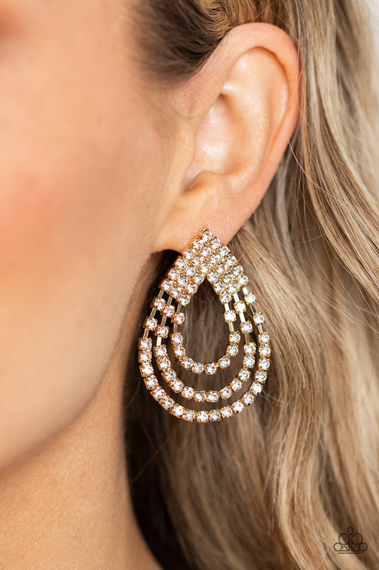 Take a POWER Stance - Gold Teardrop White Rhinestone Post Earrings