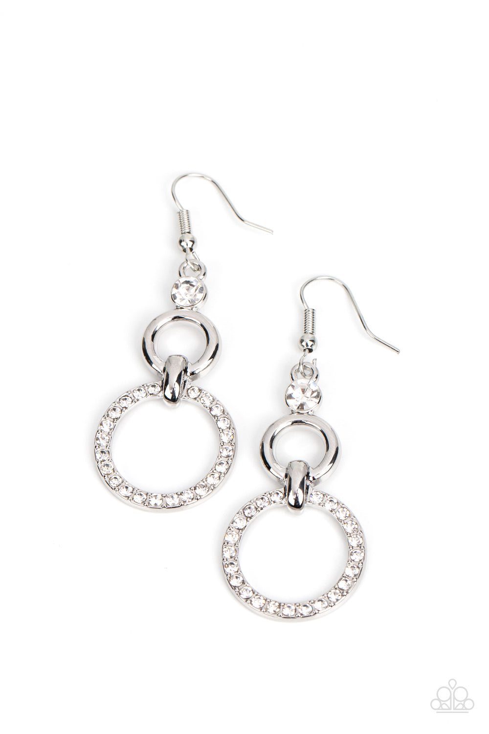 Bauble Bliss - White Rhinestone Silver Circle Fishhook Earrings