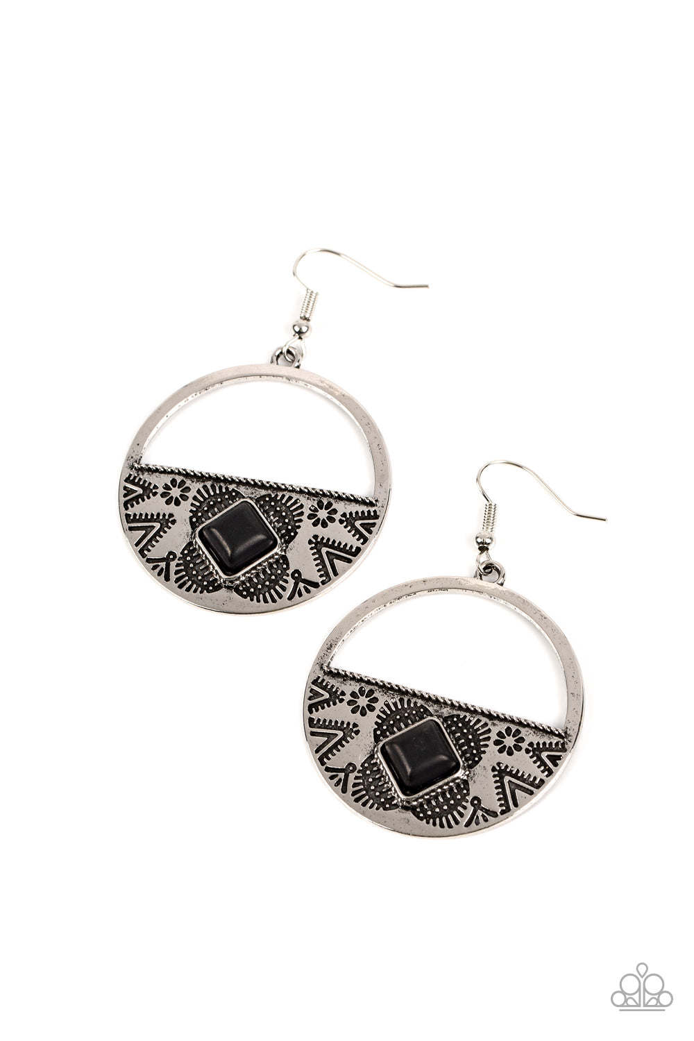 Sandstone Prairie - Black Stone Silver Circle Fishhook Earrings