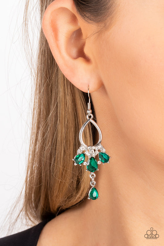 Coming in Clutch - Green Gem White Rhinestone Silver Fishhook Earrings