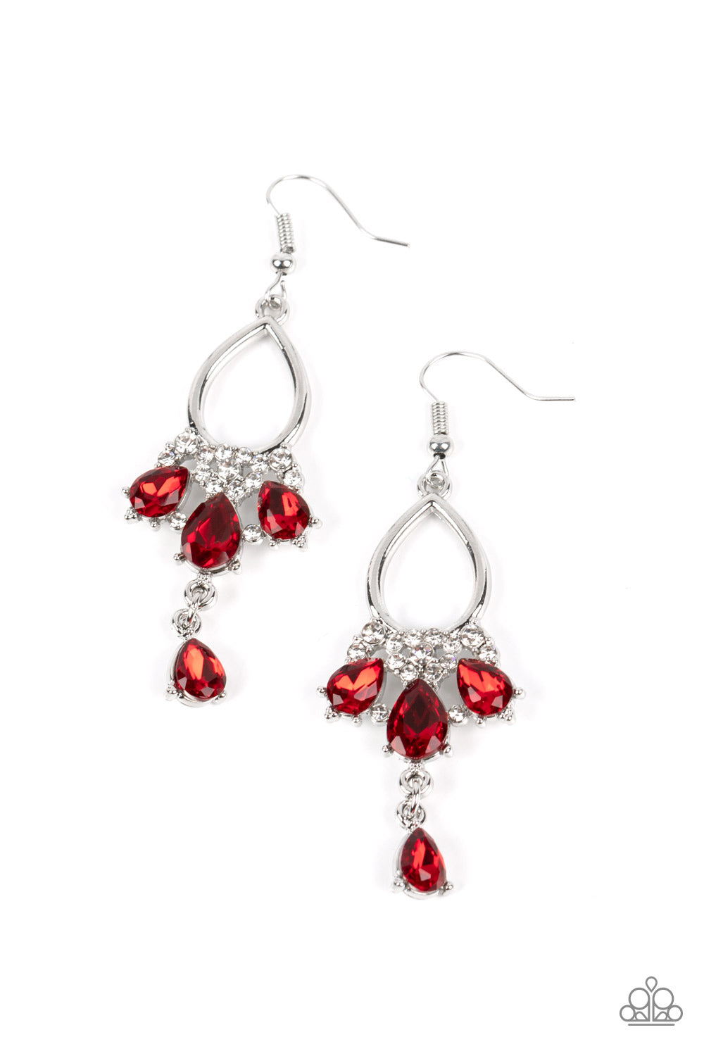 Coming in Clutch - Red Gem White Rhinestone Silver Fishhook Earrings