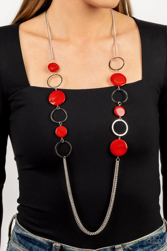 Beach Hub - Red Shell-like Silver Circle Long Necklace