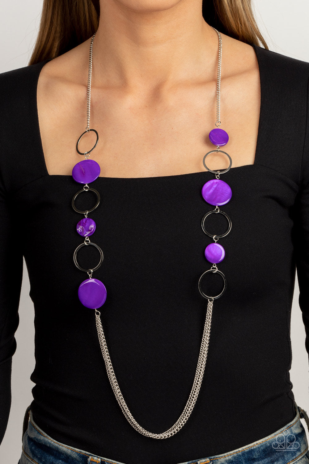 Beach Hub - Purple Shell-like Silver Circle Long Necklace