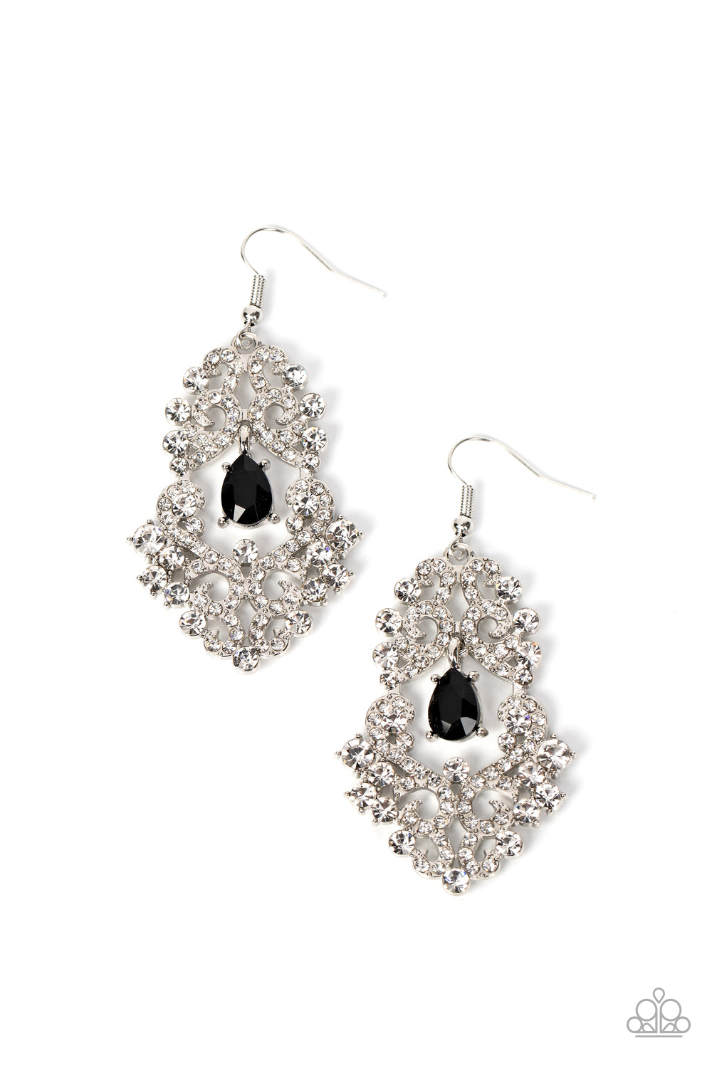 Sociable Sparkle - Black Gem White Rhinestone Silver Fishhook Earrings