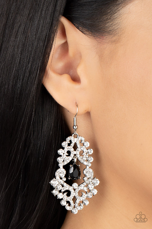 Sociable Sparkle - Black Gem White Rhinestone Silver Fishhook Earrings