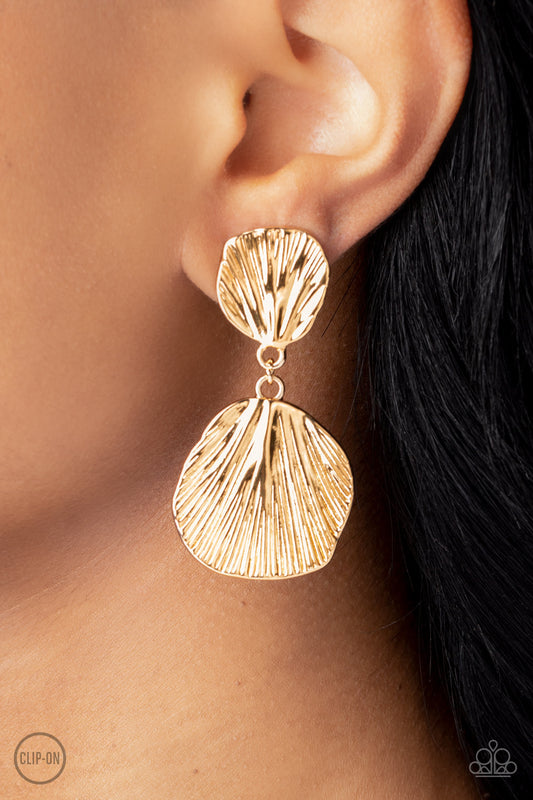 Metro Mermaid - Gold Textured Clip-On Earrings